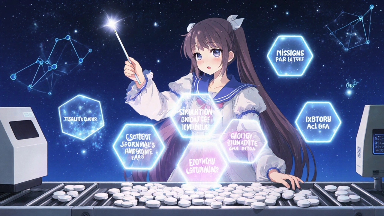 A magical girl drawing a shimmering Design Space boundary over tablets with PAT probes glowing nearby.