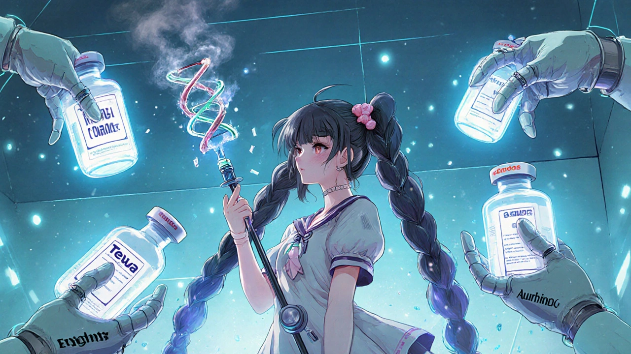 A magical girl with syringe pigtails stands in a clean room, facing crumbling drug manufacturer robots.