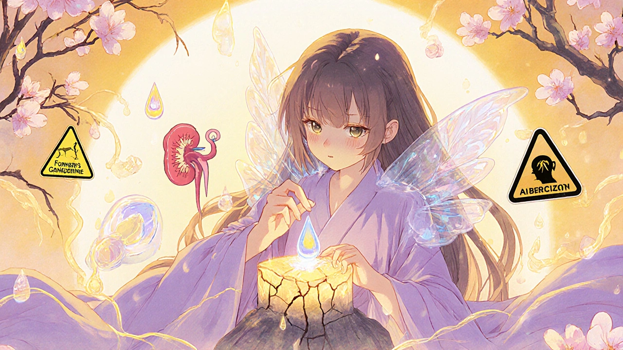 A magical girl with urine-droplet wings heals a cracked kidney crystal, surrounded by purifying light and falling cherry blossoms.