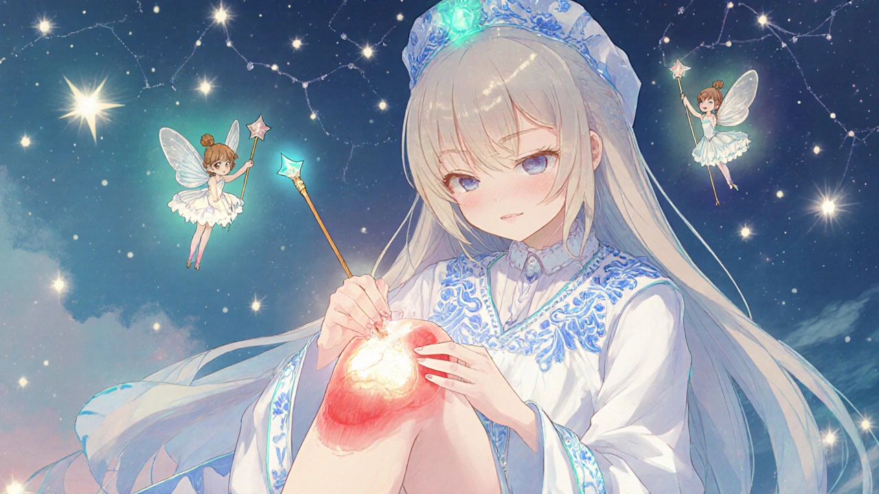 A mystical surgeon repairs a glowing meniscus tear with silver threads and floating healing fairies.