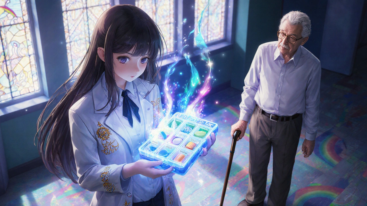 A pharmacist with magical runes holds a glowing pill organizer as energy streams flow into its compartments.