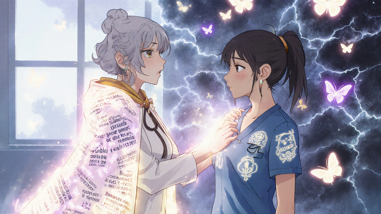 A senior physician mentors a nurse as symbols of empathy and cultural humility bloom on her uniform, dispelling misinformation.