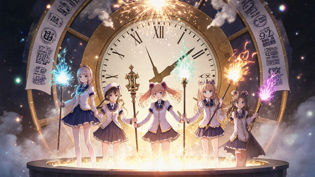 A team of magical girls forging a tablet from light and data inside a glowing chamber with approval banners.