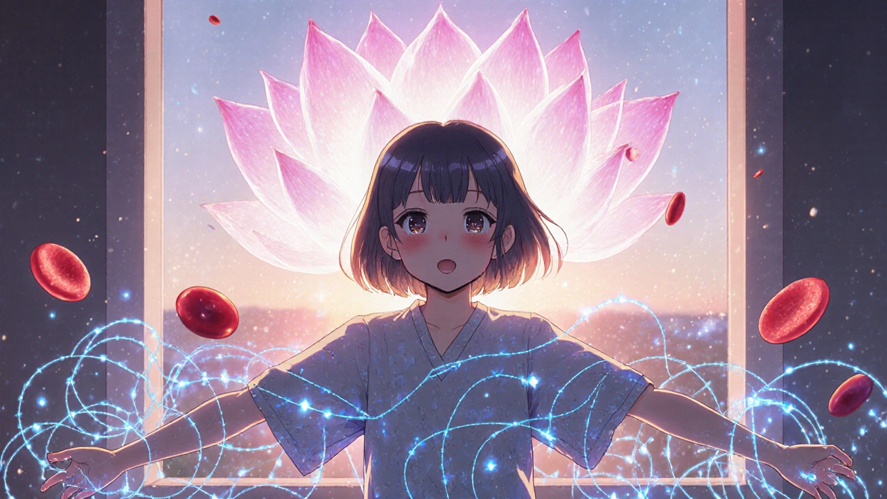 A teen in a hospital gown is surrounded by glowing CRISPR code fixing her blood cells with magical energy.