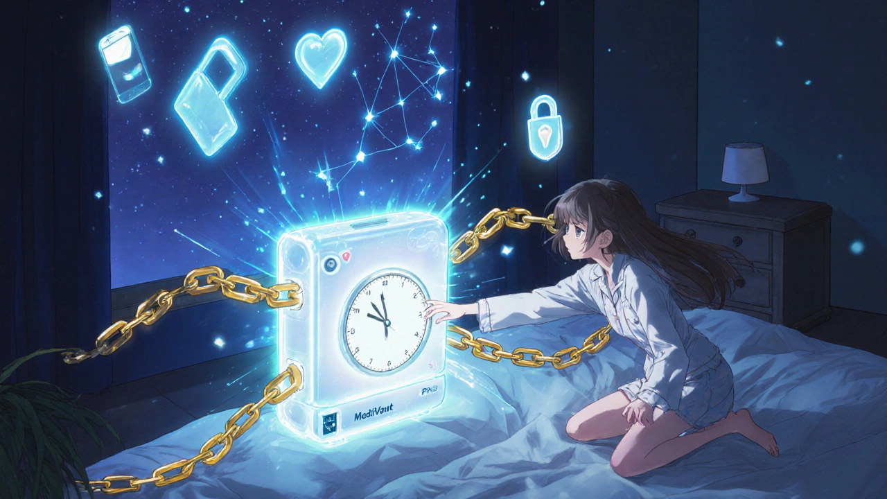 A teen is stopped by a glowing barrier as a smart lockbox emits a midnight alert, with holographic notifications floating nearby.