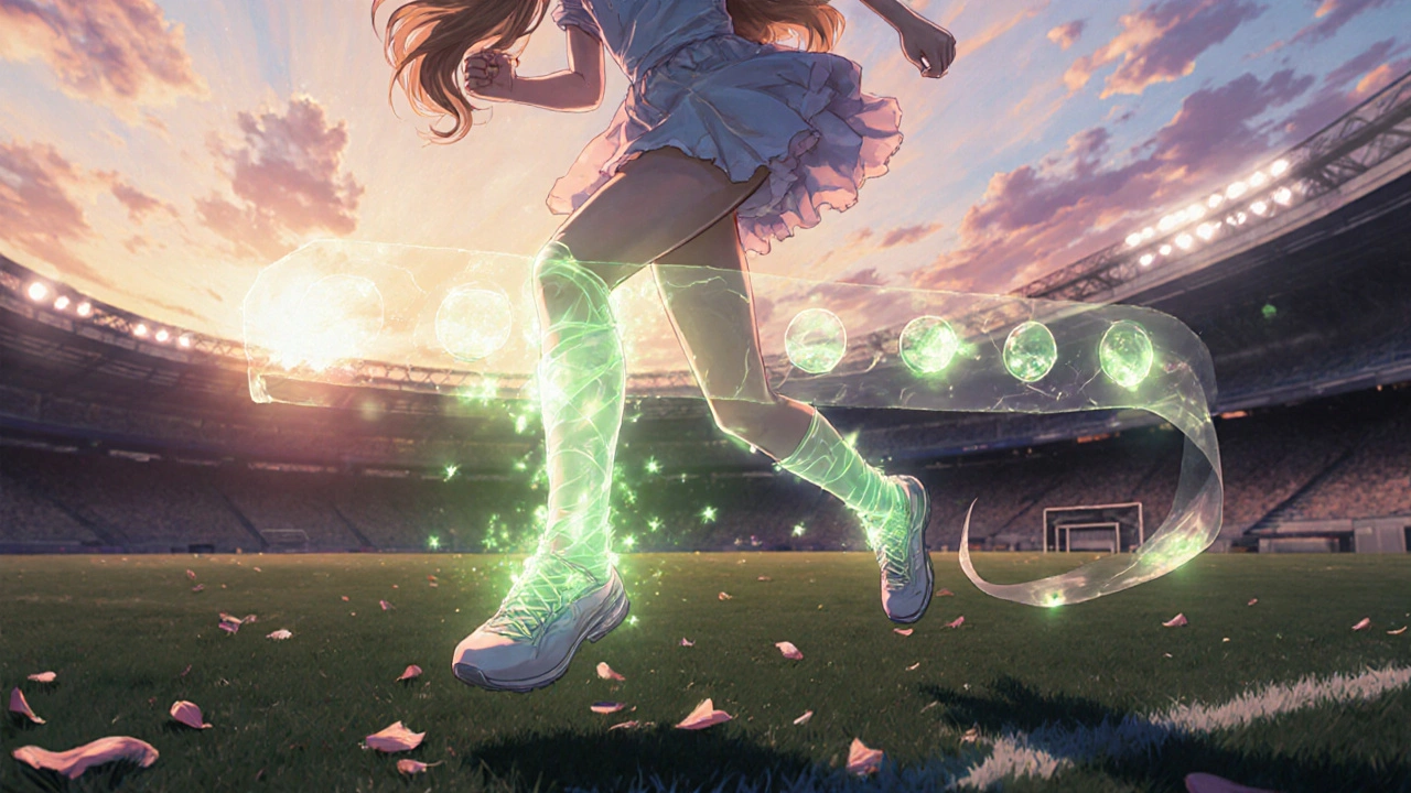 An athlete leaps joyfully on the field, her knee glowing with protective energy after full recovery.