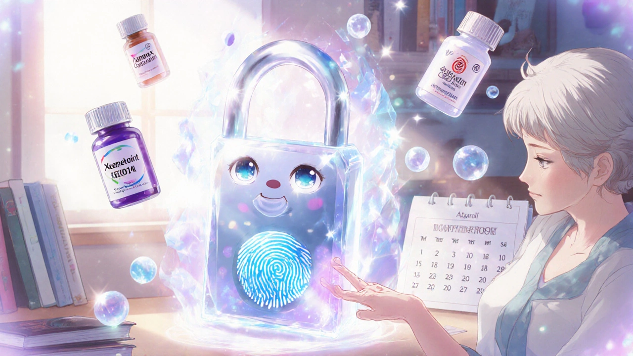 An elderly woman activates a fingerprint lockbox that transforms into a gentle guardian, with pills spinning around her.