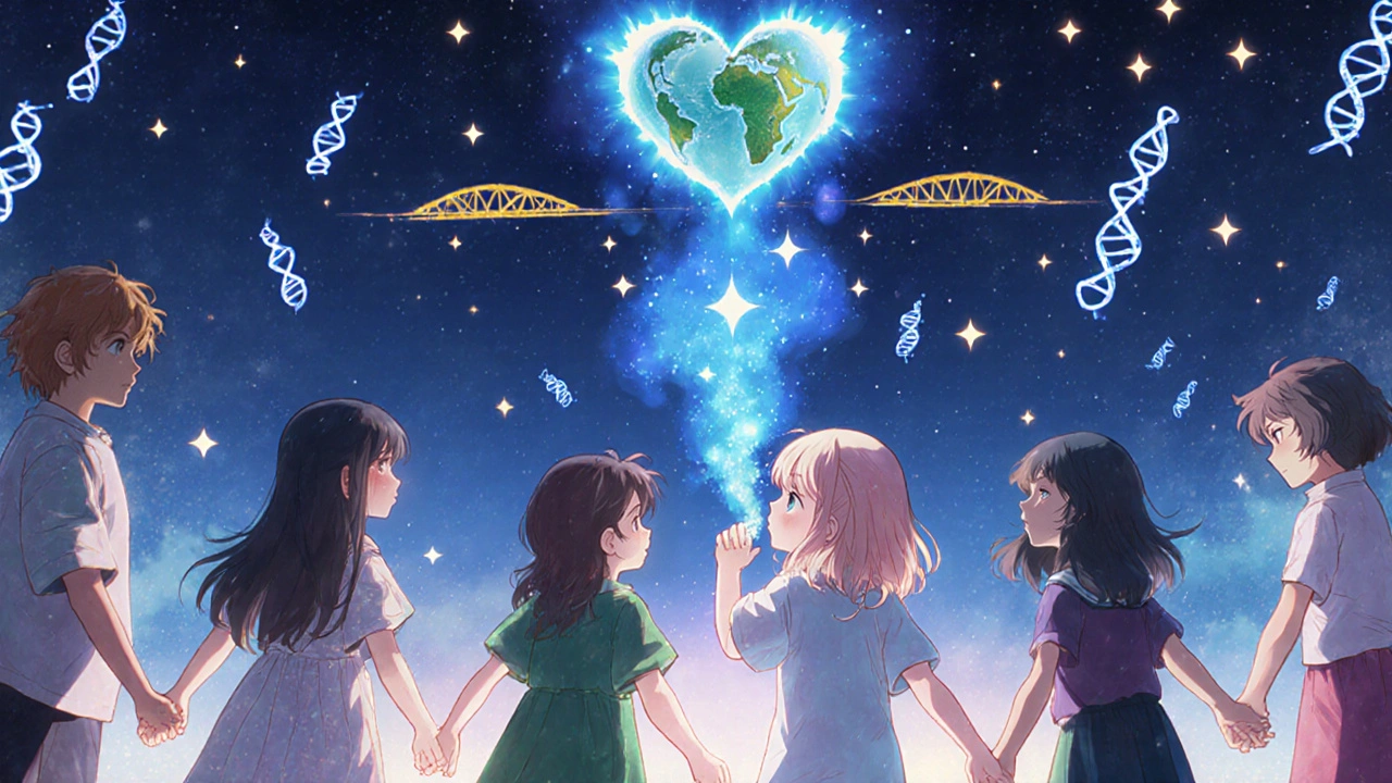 Children hold hands under a starry sky as healing mist and DNA helixes surround them, symbolizing global hope.