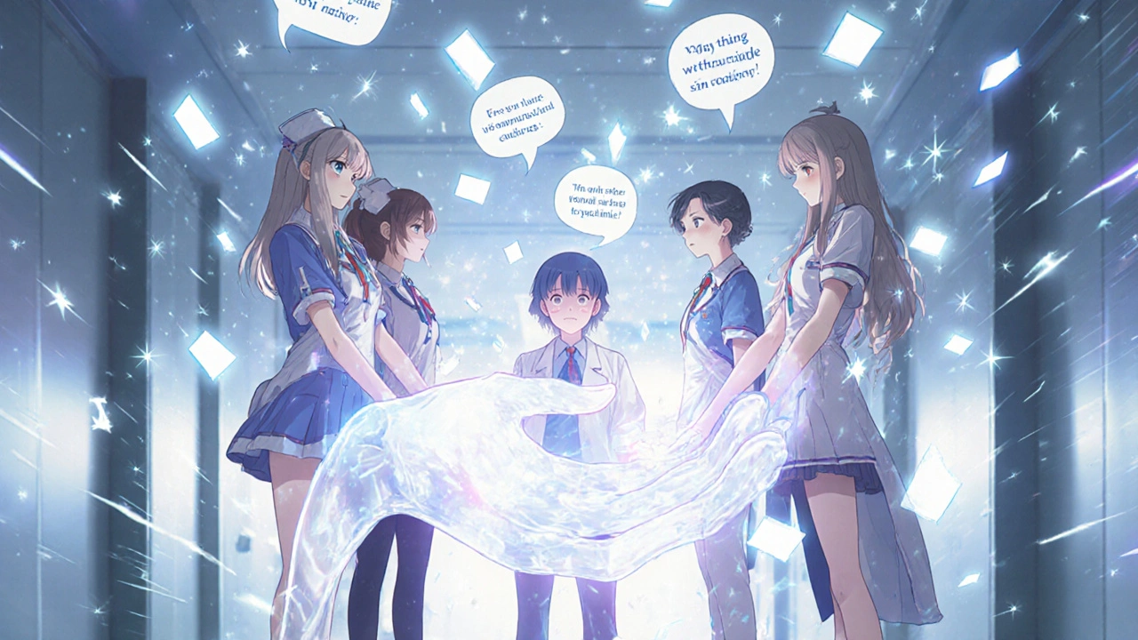 Diverse healthcare heroes guide a patient through a maze of floating misunderstandings, using radiant energy to create clarity.