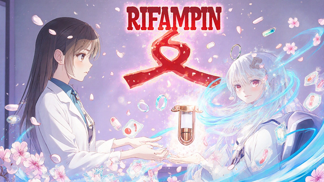 Doctor giving a copper IUD to a patient as hormonal contraceptives crumble under a red rune.