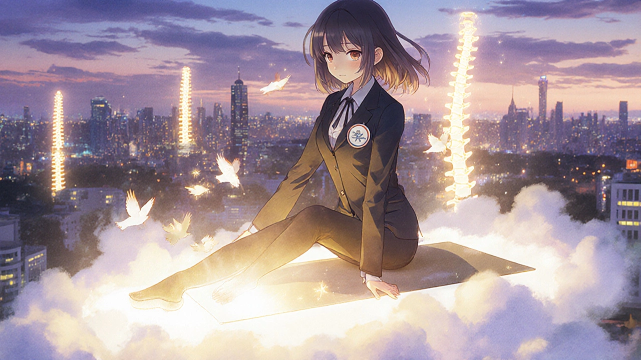 Girl performing a gentle back stretch above a glowing lower spine with animated nerve birds.