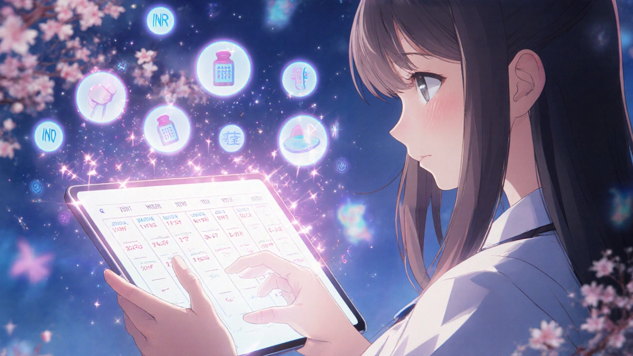 Girl using holographic calendar tracking medication side effects with floating icons