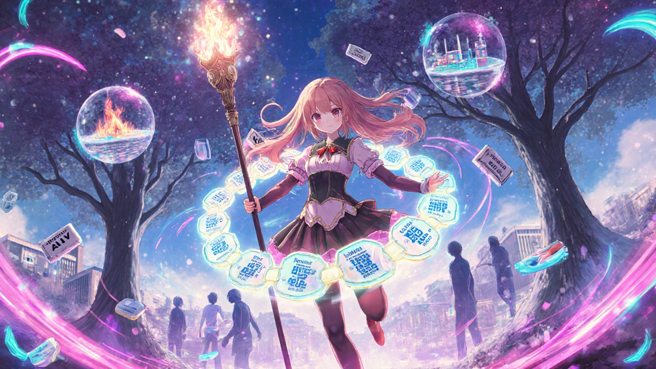 Heroine battling shadowy disruptions with a blockchain staff in a digital landscape of AI orbs and holograms.