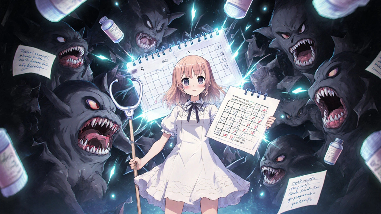 Heroine defeating side effect monsters with a radiant paper monitoring calendar