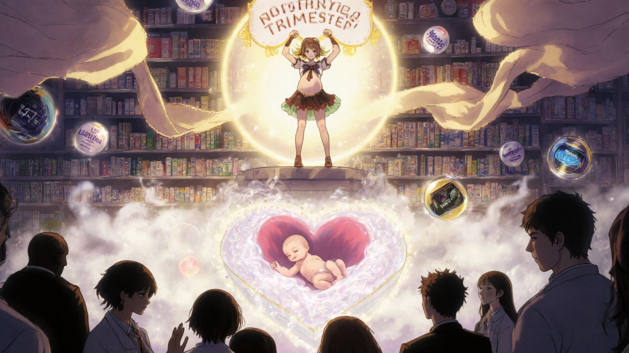 Heroine holding a shield against dangerous drugs, healthy baby floating in amniotic heart.