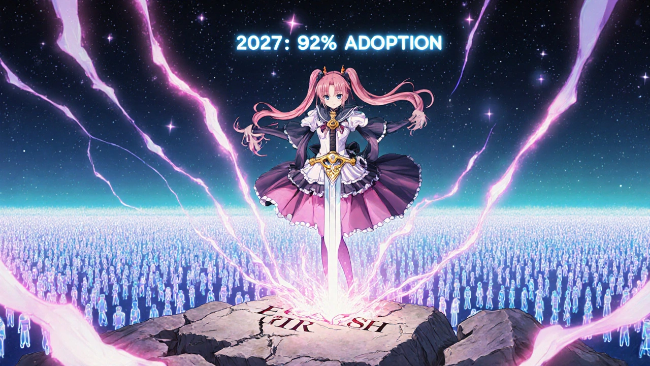 Magical girl defeating outdated safety metrics with a sword of EAIR/EIR, data streams flowing to thousands of patients.