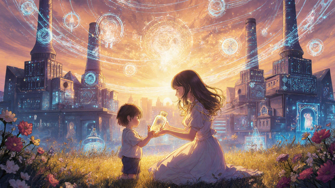Magical girl healing a child by rebuilding drug factories in India, Mexico, and Poland with glowing light.