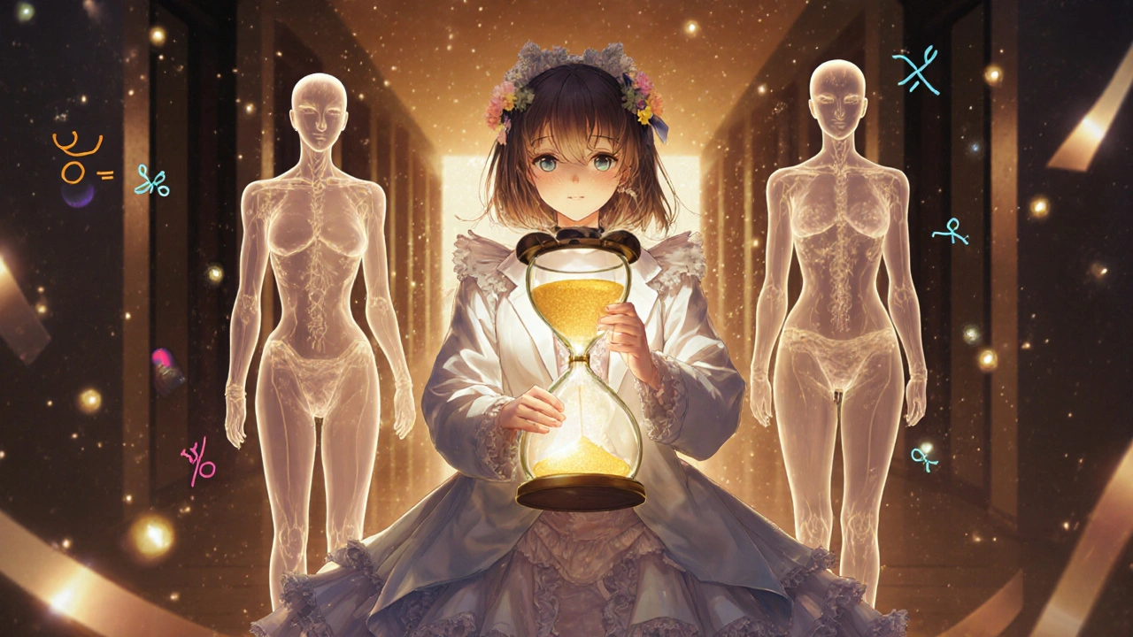 Magical girl holding an hourglass of patient-years, comparing short and long drug exposure with glowing event orbs.