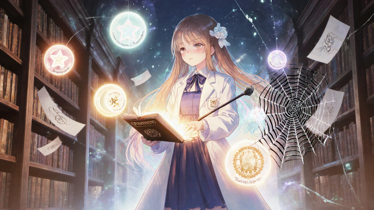 Magical girl in a lab coat consulting floating orbs of ED treatments in a celestial library, severing a dark web.