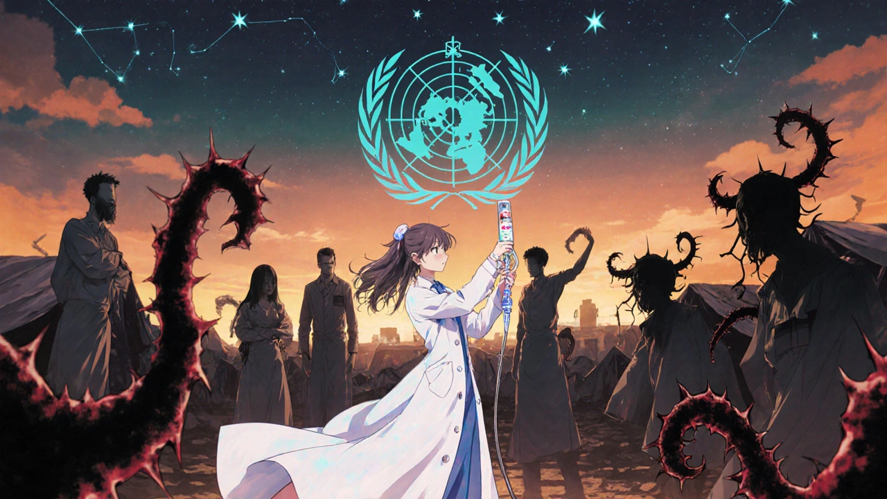 Medical heroes administer ampicillin in a refugee camp as shadowy plague bacteria recoil from light.