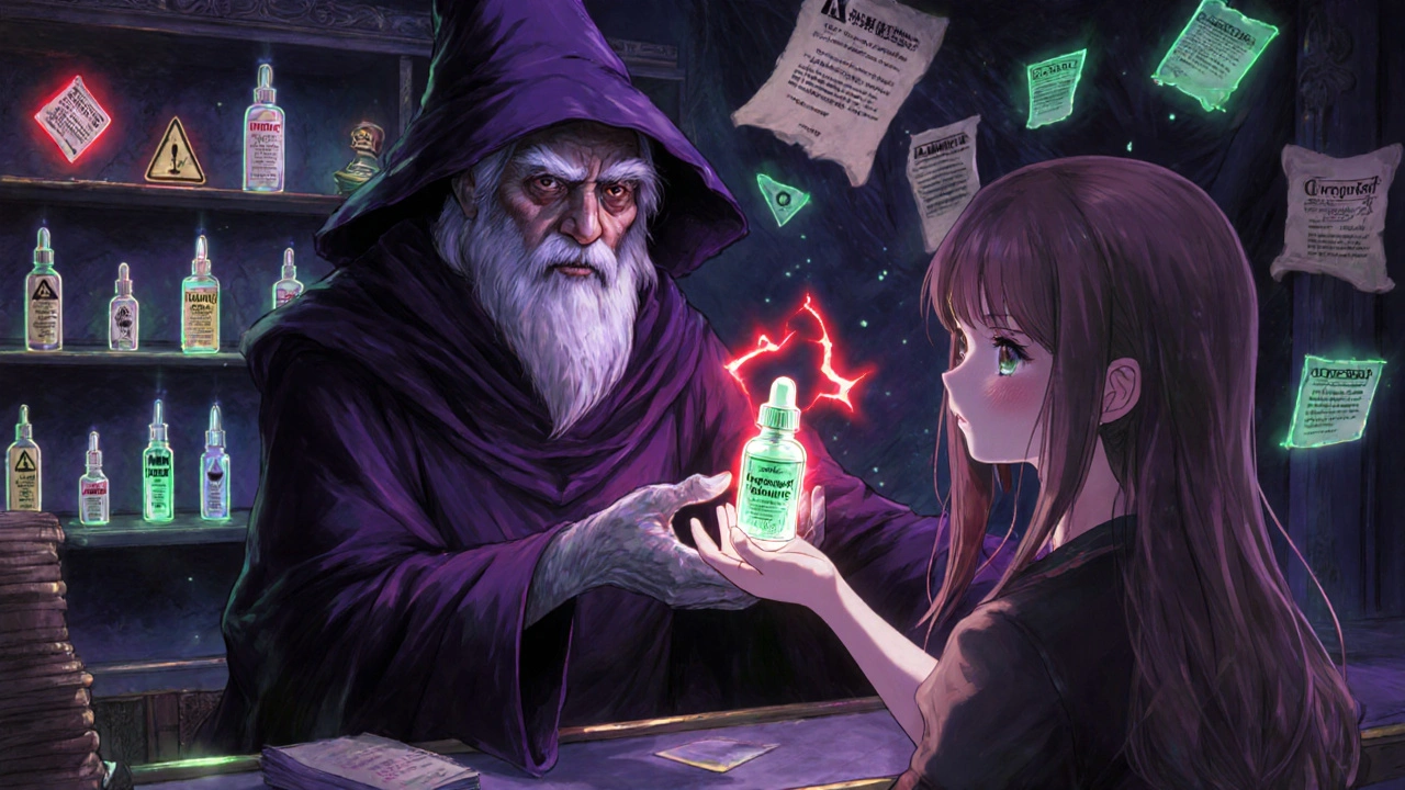 Mystical pharmacy with enchanted eyelash products and glowing warning runes.