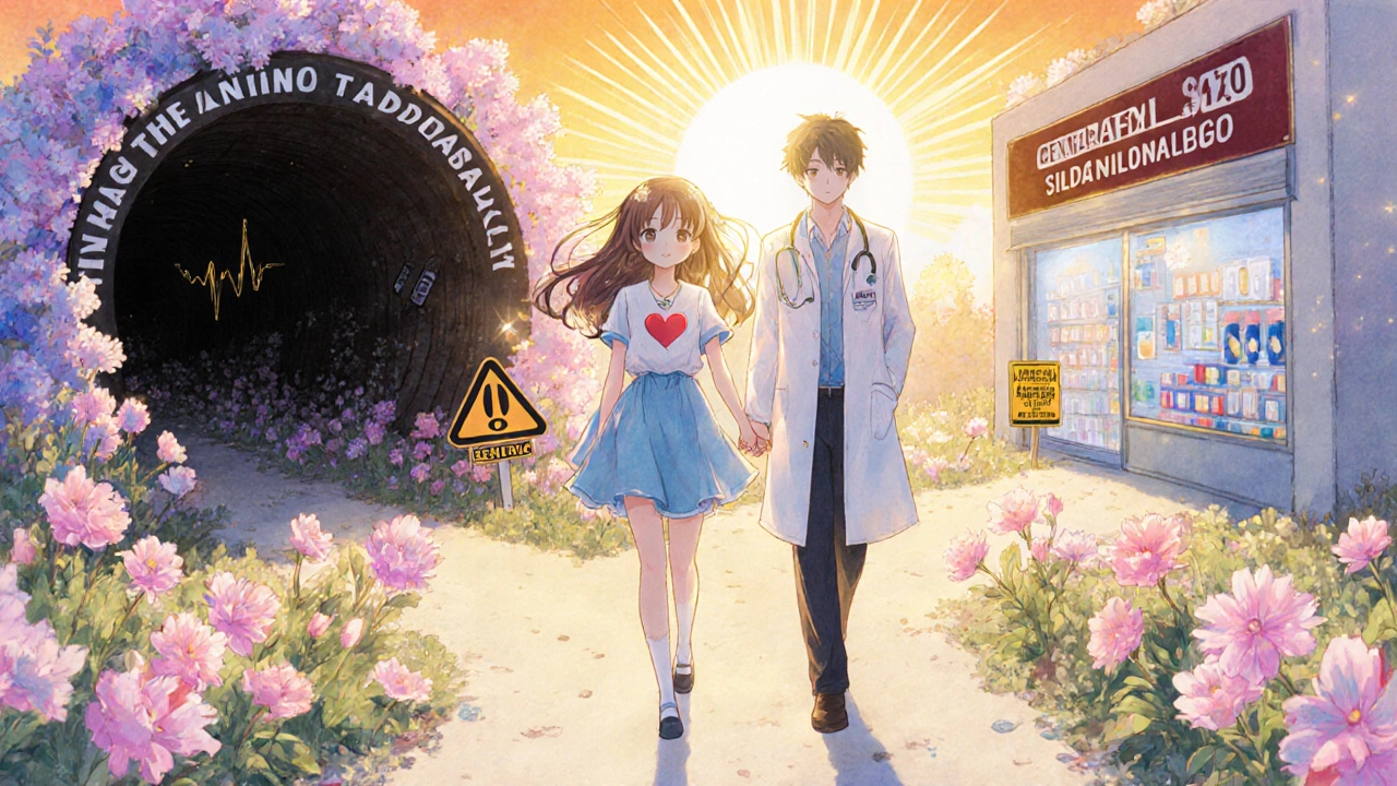 Patient walking with a doctor toward a bright pharmacy as a dark tunnel labeled 'Tadasiva' fades behind them.