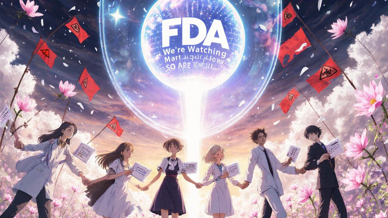 Patients and doctors forming a chain under an FDA shield as warning flags turn into flowers.