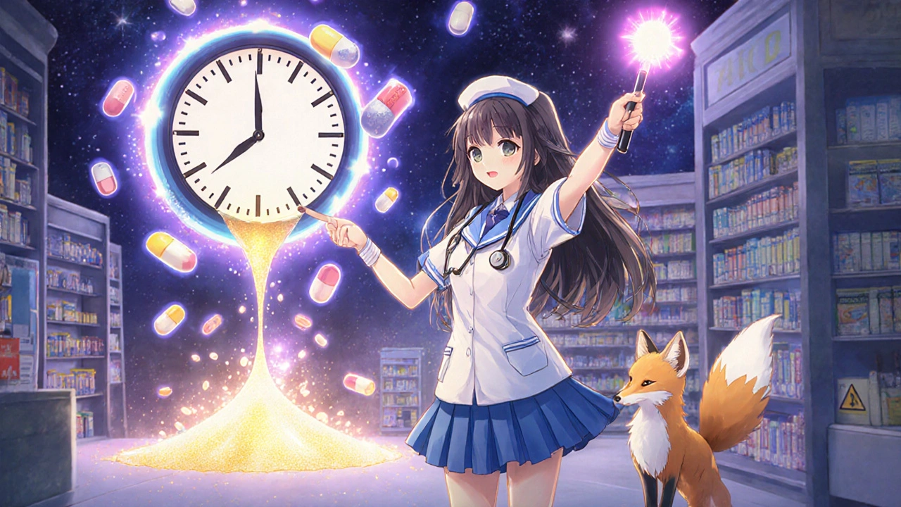 Pharmacist using a magical stethoscope to rewrite a melting clock symbolizing delayed safety warnings.