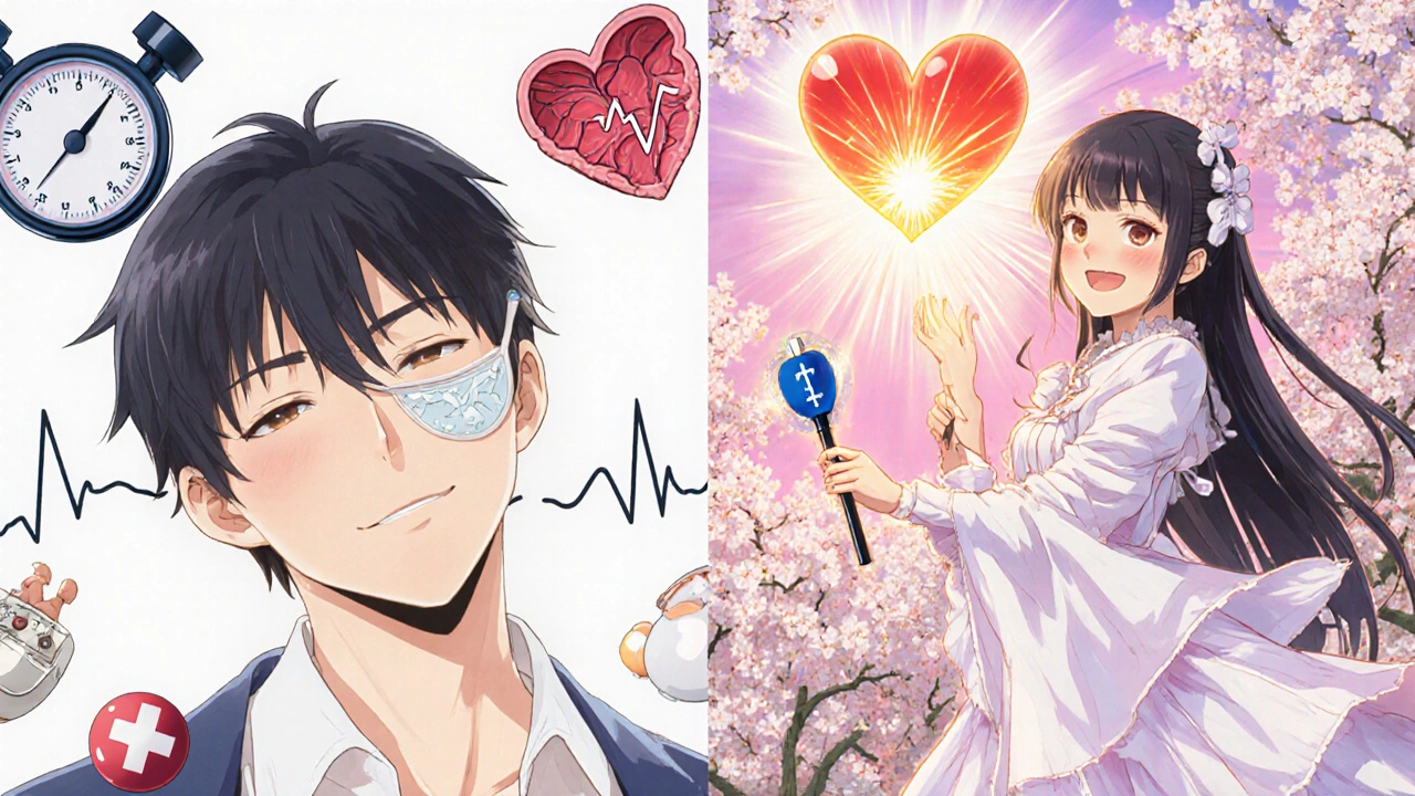 Split scene: left shows stressed heart icons, right shows the same person healed by CPAP, blooming cherry blossoms and golden light surround her.