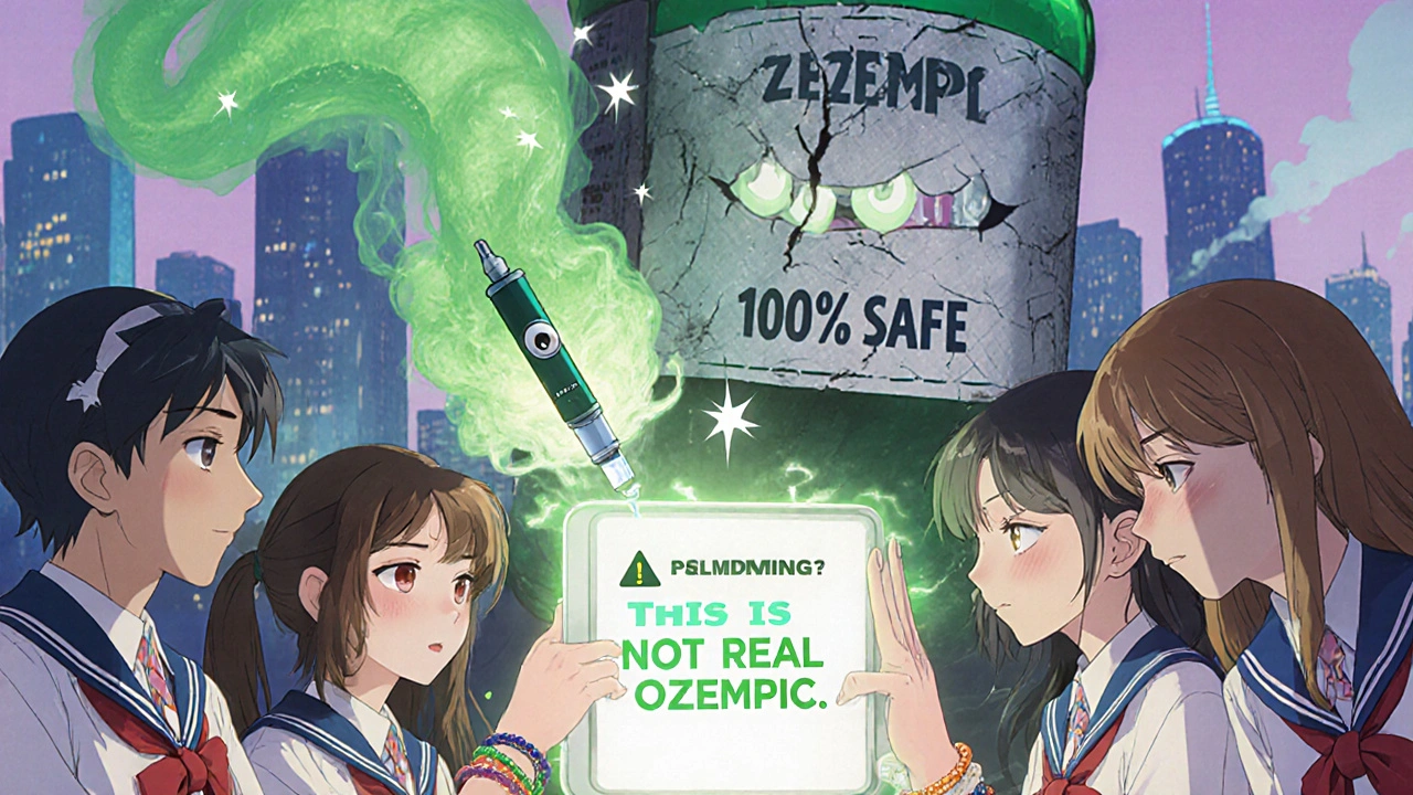 Teens confront a holographic warning about fake Ozempic, as a monstrous counterfeit bottle looms with toxic smoke rising around them.