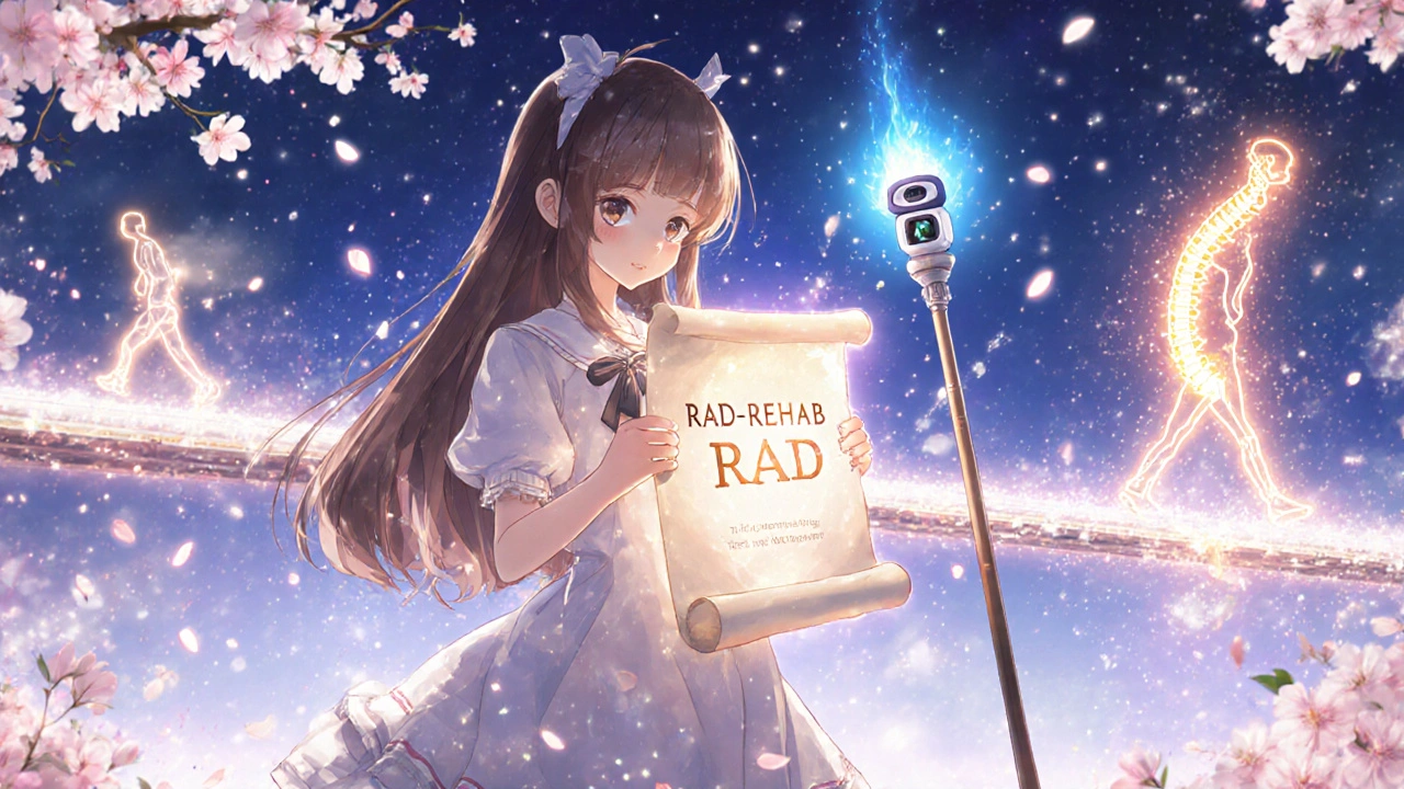 Triumphant girl holding a personalized exercise scroll as a healed spine becomes a bridge of light.