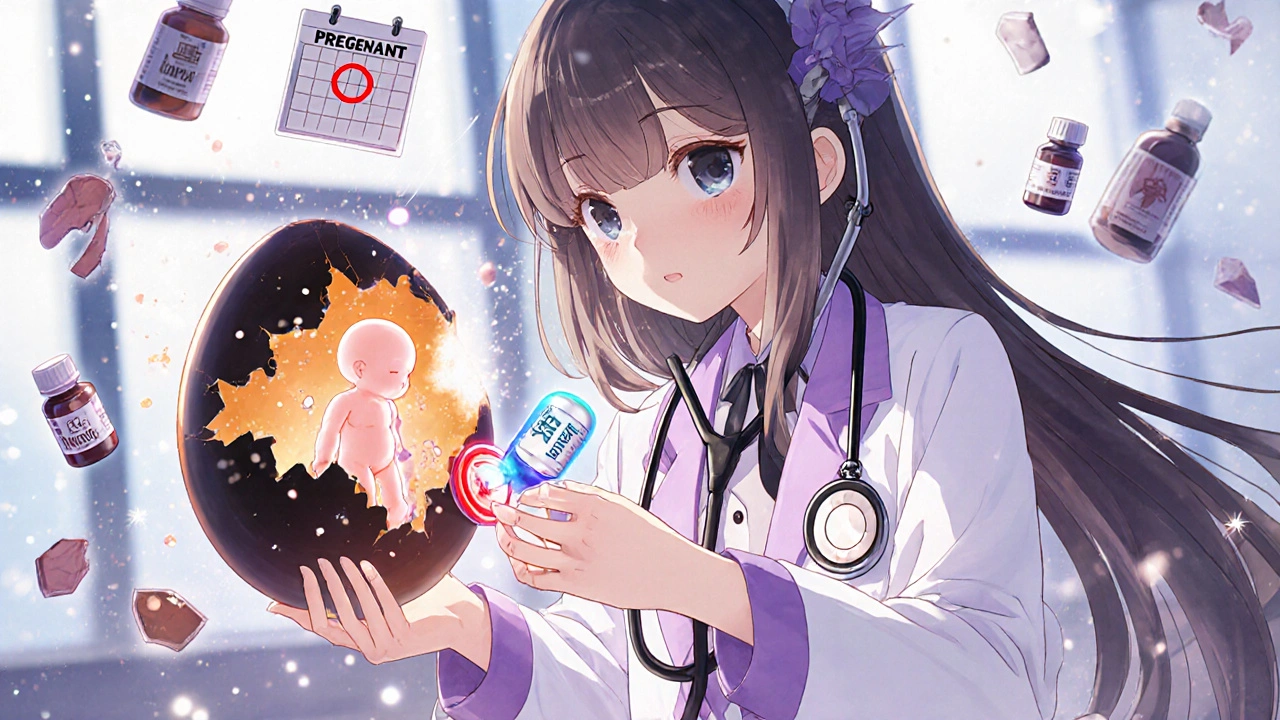 Woman replacing a dangerous pill with a safe one, fetal figure glowing in protective light.