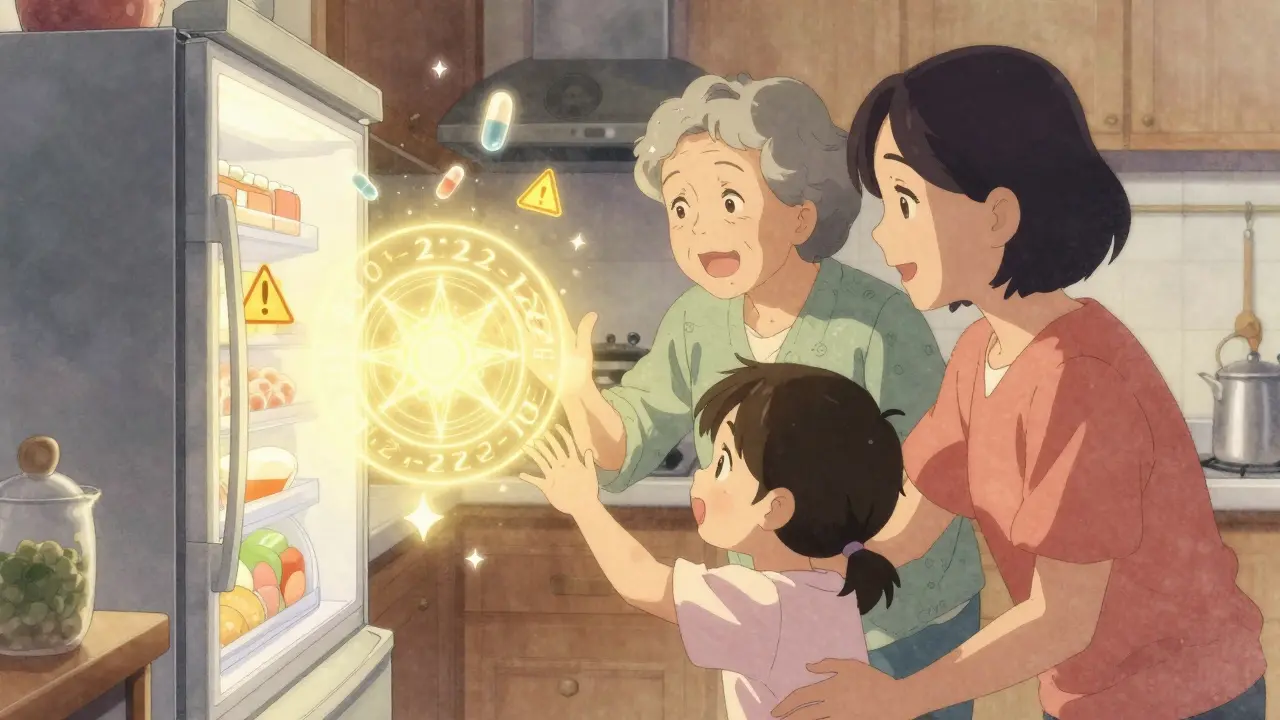 A family reaches toward a glowing poison control number on the fridge, surrounded by dissolving pills.