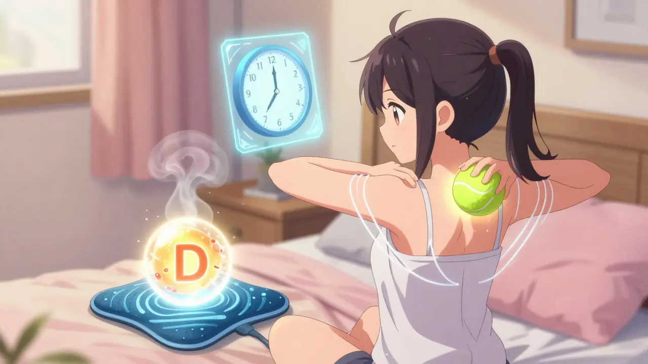 A girl performing trigger point therapy at home with a glowing tennis ball, vitamin D orb, and posture-correcting magic.