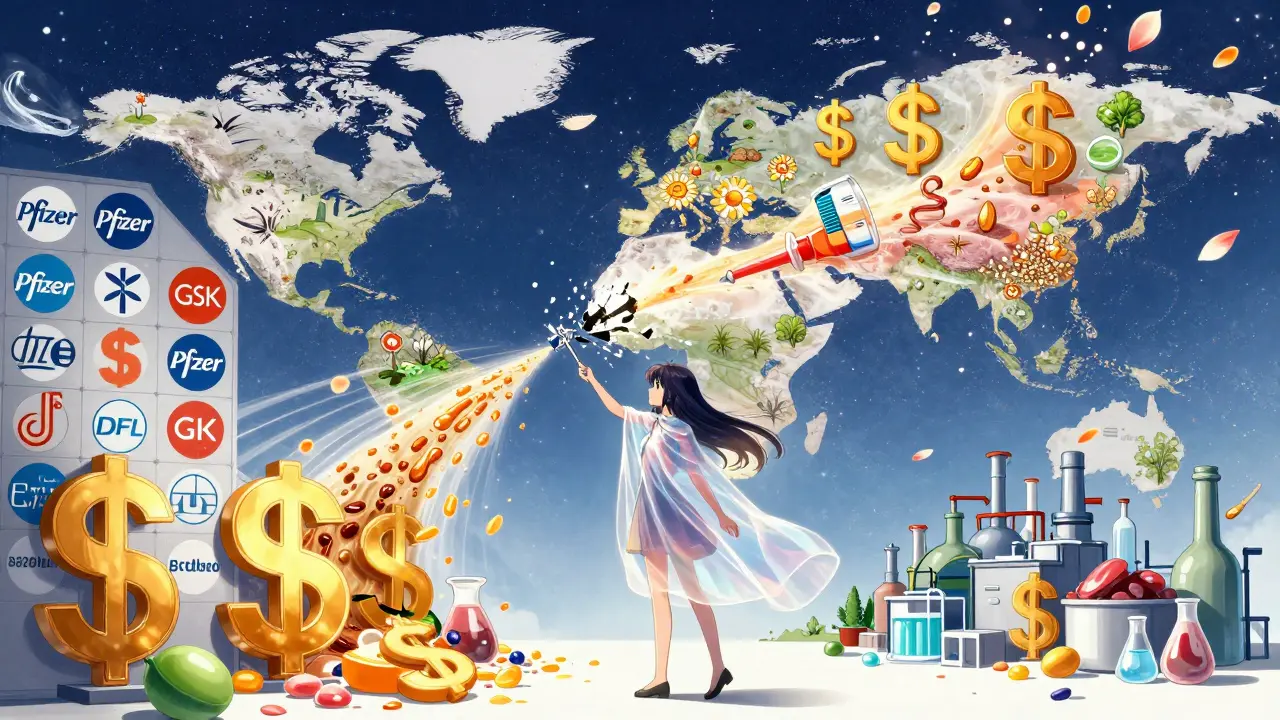 A girl shatters corporate logos with a syringe wand, releasing raw materials into new factories.