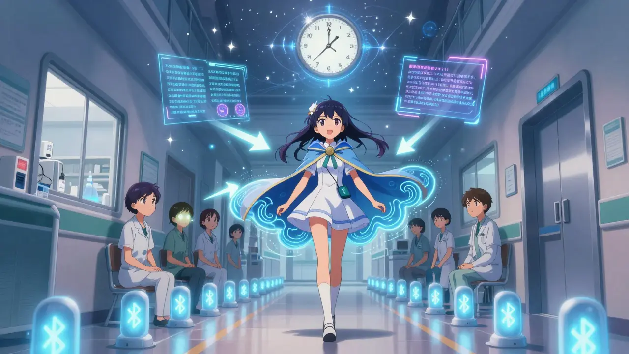 A girl walks a glowing hospital path guided by singing Bluetooth beacons and voice arrows.