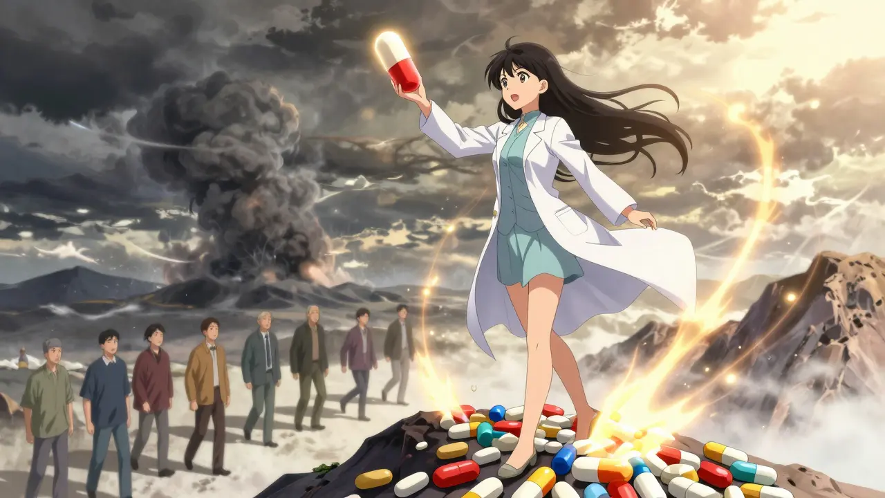 A heroic figure holds an extended-release metformin capsule as patients walk forward toward light.