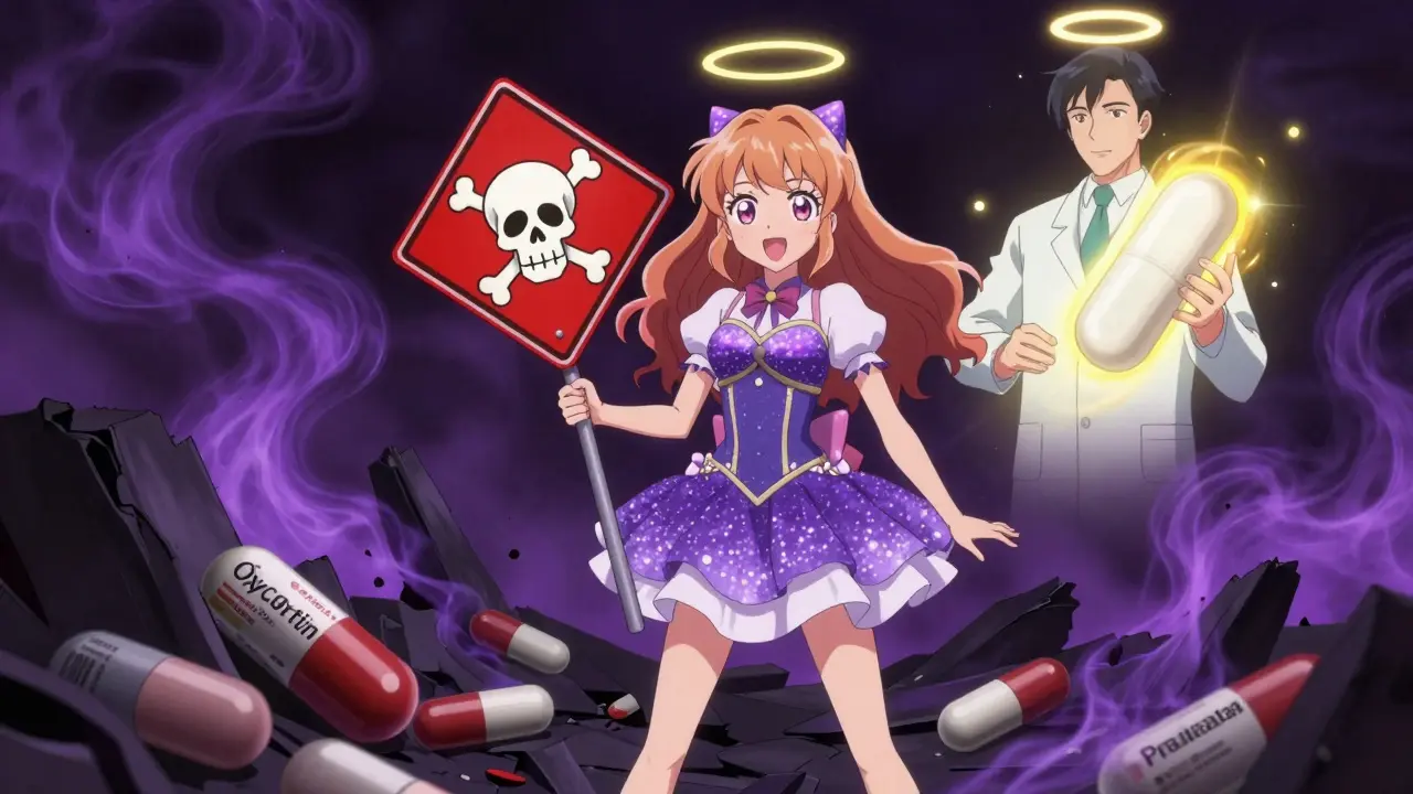 A magical girl holding a warning sign beside crumbling dangerous pills with dark smoke rising.