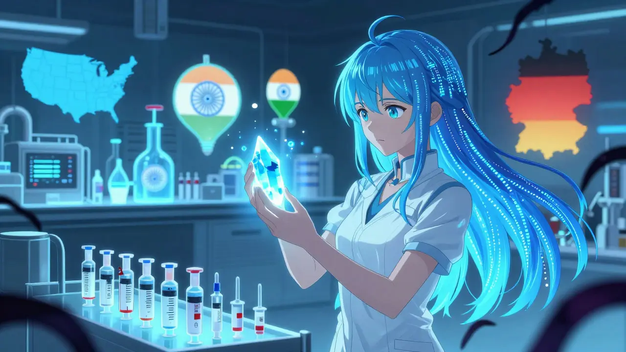 A magical girl holds a buffer stock crystal above life-saving medicines in a neon-lit lab.