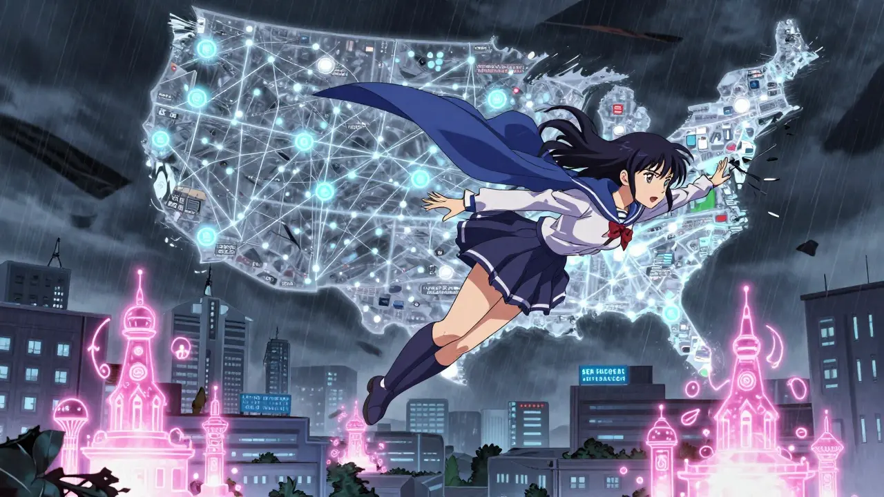 A magical girl soars over a map of the U.S. drug network, revealing hidden supply sources with glowing runes.