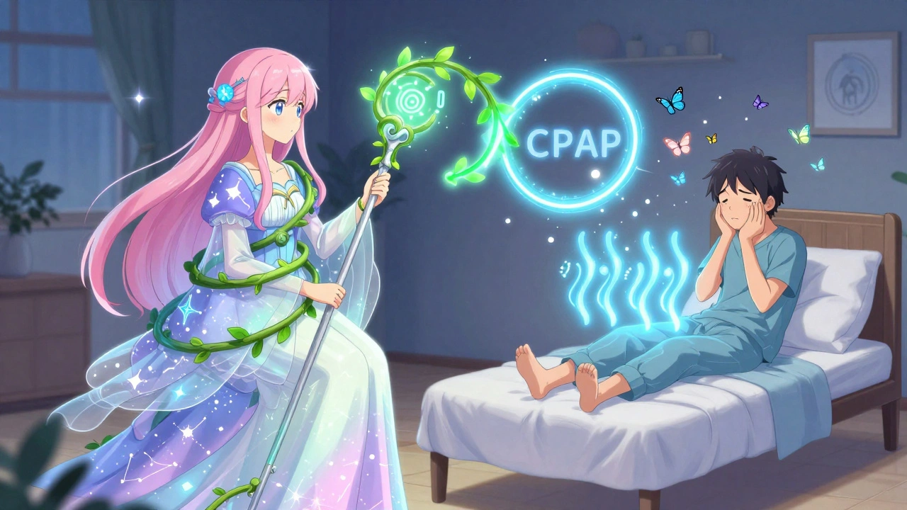 A magical therapist uses glowing vines of CBT-I and CPAP to transform anxious thoughts into butterflies.