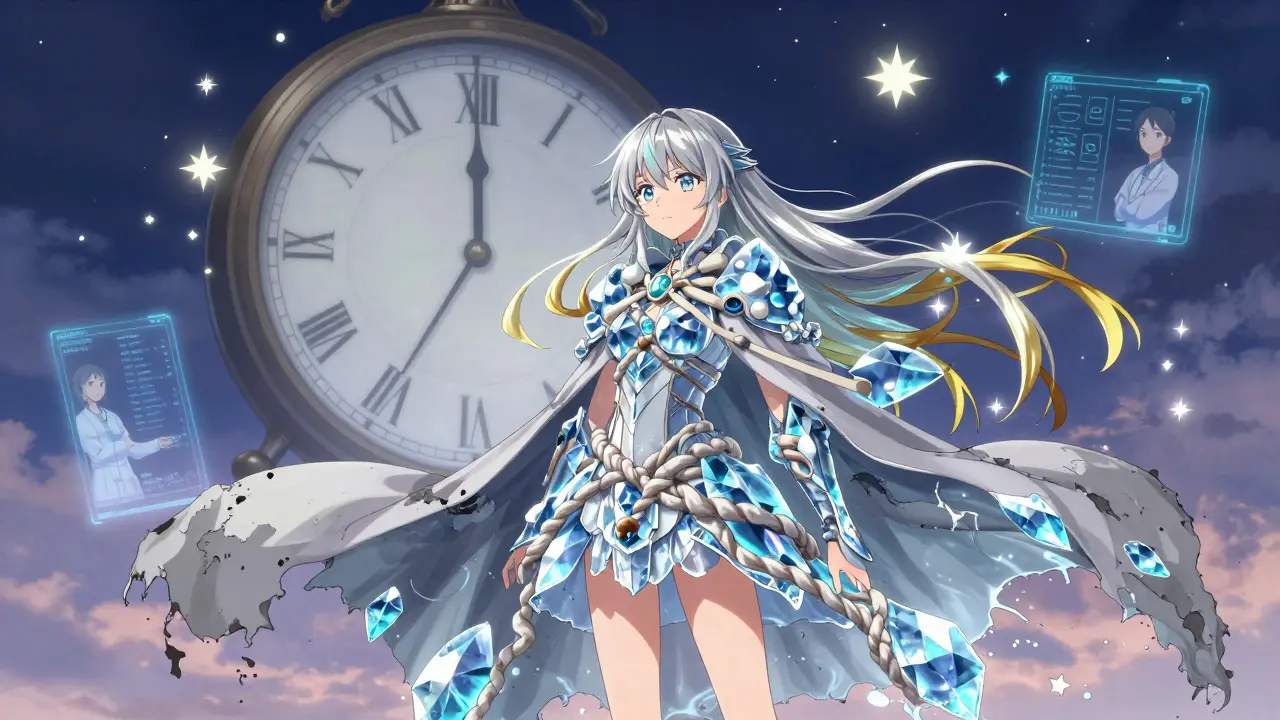 A magical transformation where fatigue transforms into radiant armor, with regrowing hair and celestial guardians in the background.