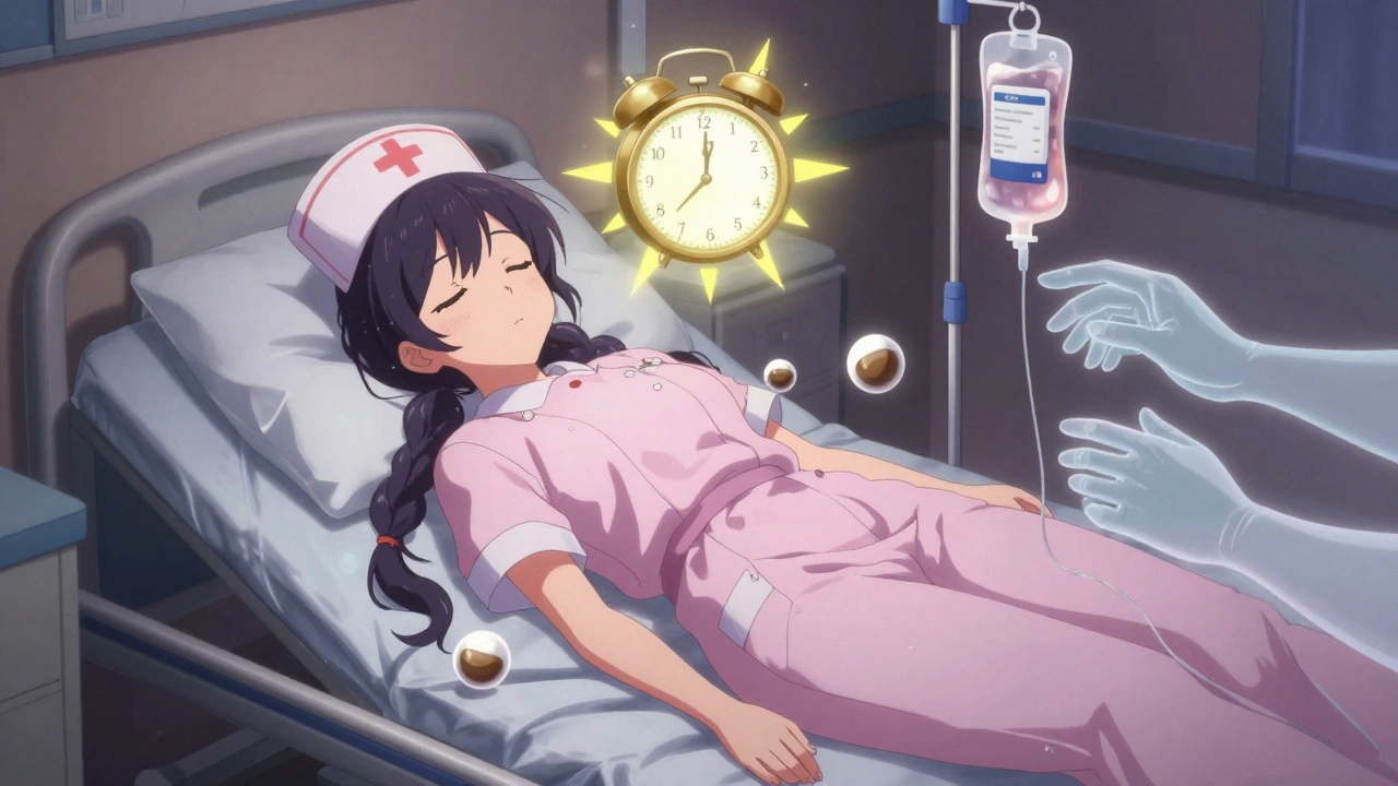 A nurse naps on a hospital cot as caffeine orbs and a sun-shaped alarm glow nearby.