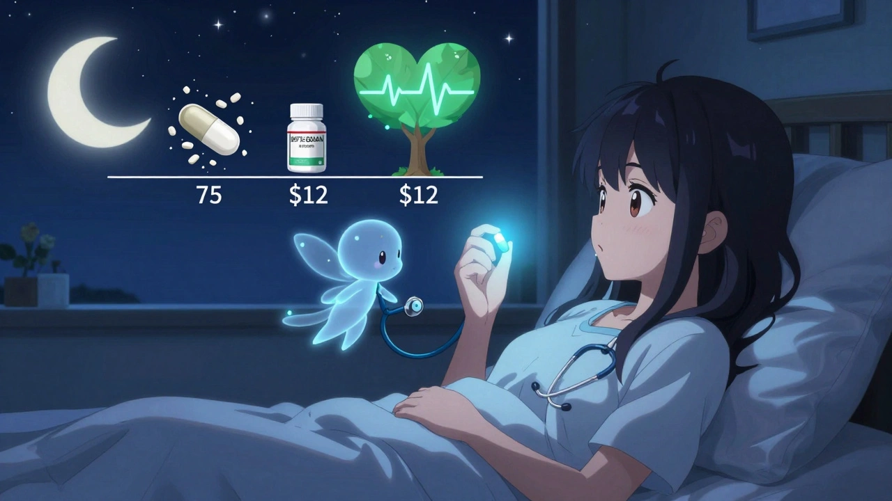 A patient holds a glowing generic pill as a stethoscope spirit whispers to them, with a timeline showing cost savings.