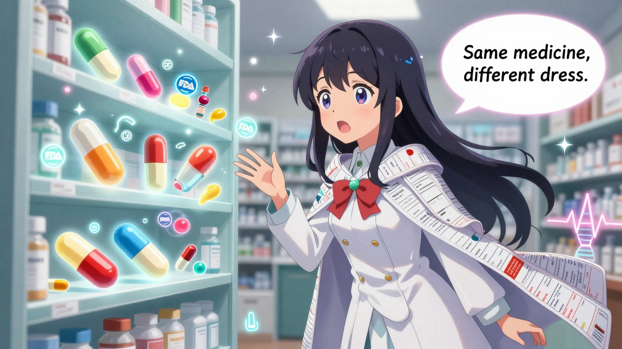 A pharmacist in a magical outfit stands beside floating pills with FDA seals, surrounded by sparkling medical symbols.