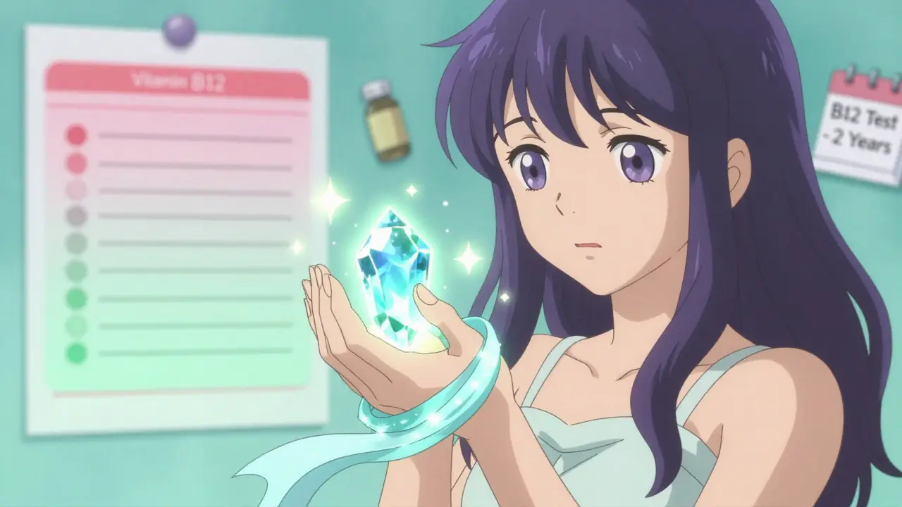 A sparkling B12 crystal heals tingling in a woman's hand with soft glowing lights.