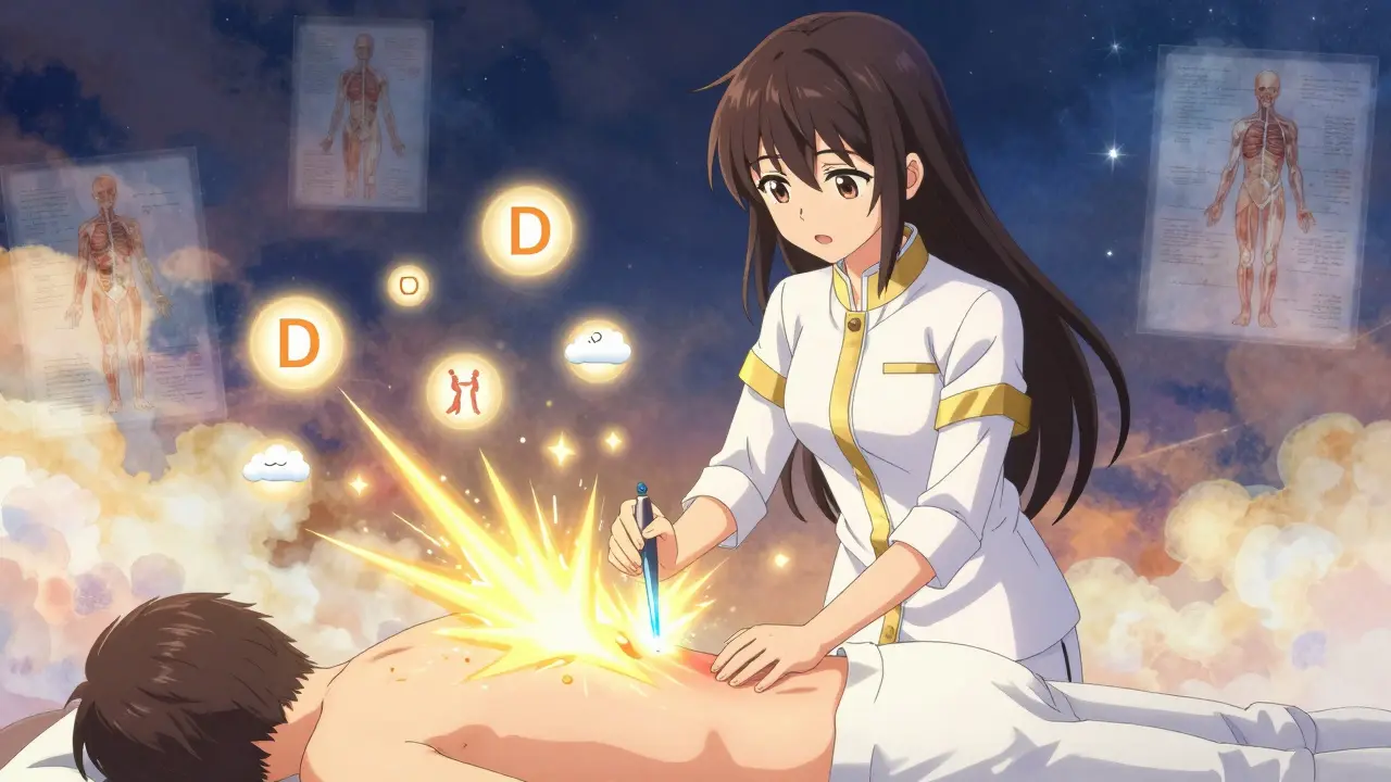 A therapist using a glowing needle to release a trigger point in the lower back, with energy waves and healing symbols floating around.