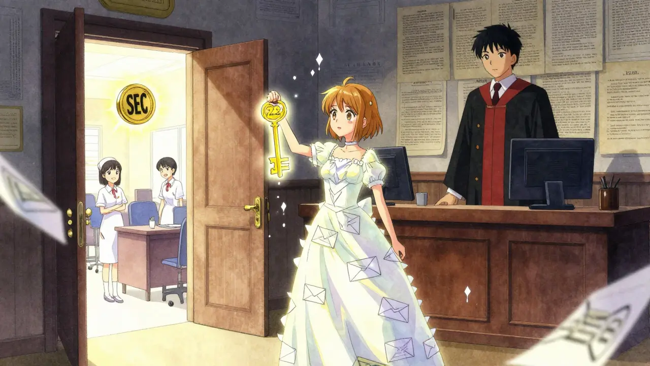 A whistleblower in a paper-trail gown unlocks a door to hope, as legal statutes loom above in a glowing courtroom.