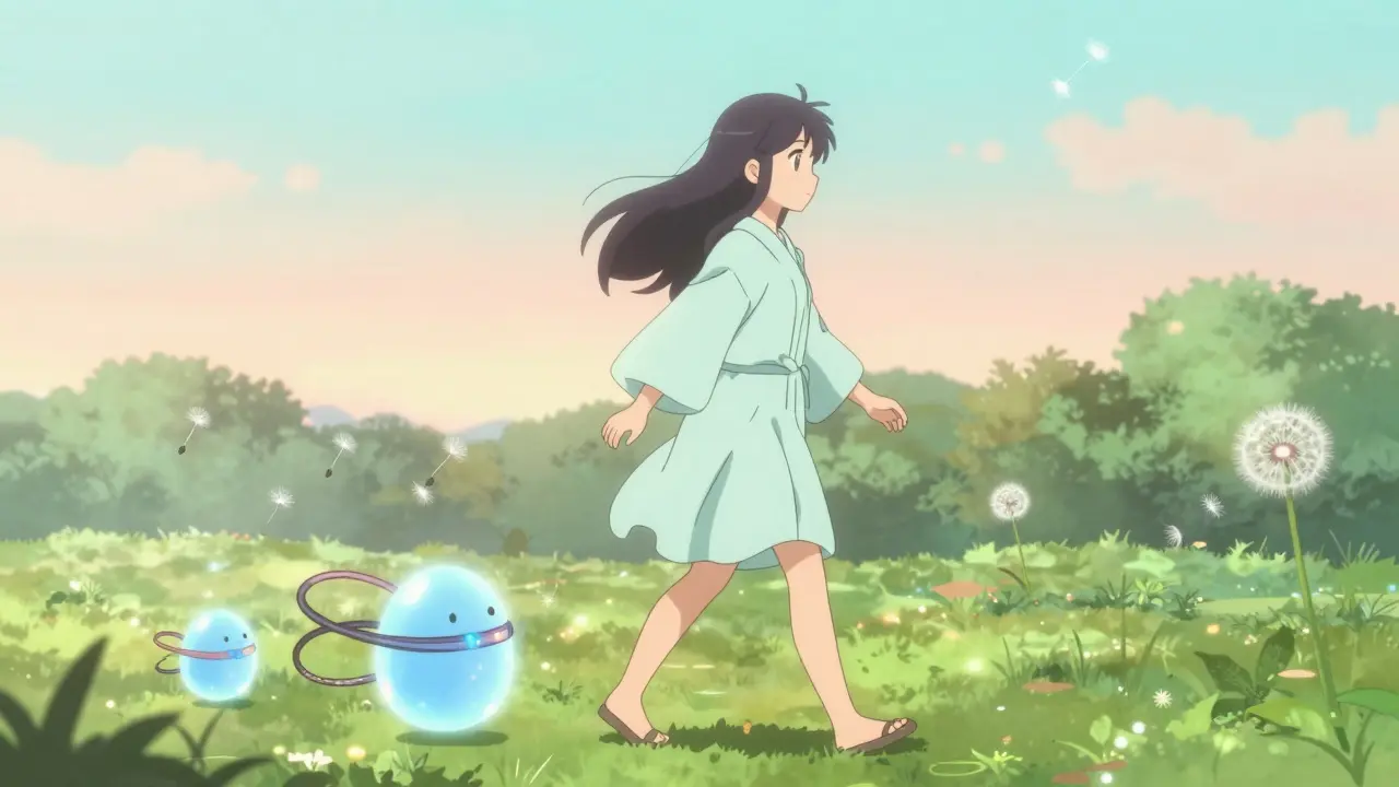 A young woman walking in a park, accompanied by spirit droplets and resistance bands, symbolizing gentle movement and hydration.