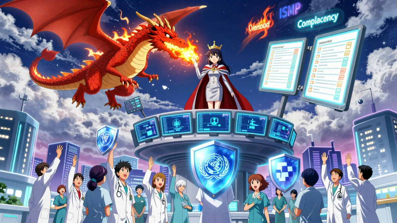 Administrator summons a dragon of safety updates to transform hospital systems with glowing protocols.